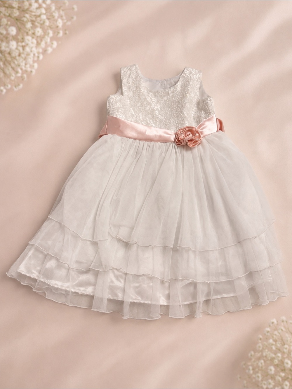 Jona Michelle White Lace Tiered Tulle Dress with Pink Satin Sash